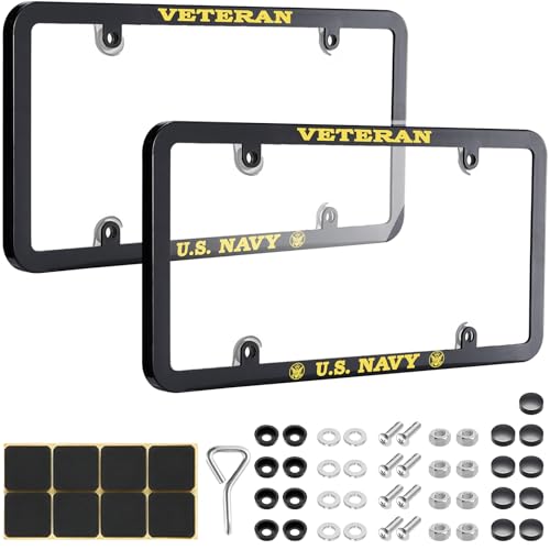 Navy Veteran Style License Plate Frame 2 Pack 4 Hole Black Stainless Steel Car Tag Frames with Complete Hardware Kit & Anti-Rattle Pads Patriotic Military Vet License Plate Covers