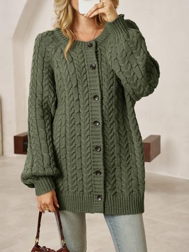 Saodimallsu Womens Cable Knit Cardigans Oversized Chunky Button Down Long Lantern Sleeve Crew Neck Warm Sweater Dress4