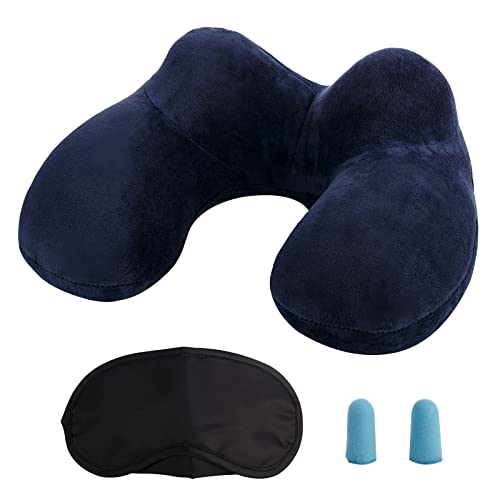 LUZWAY Almohada Inflable del Viaje, Cojín Inflable del Cuello de Viaje, Hecho de Terciopelo Suave y Funda Lavable con Tapones para los Oídos, Máscara de los Ojos y Bolsa de Transporte (Azul Oscuro)