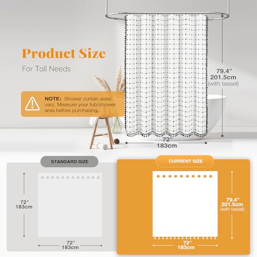Image of BTTN 78 Inch Long Shower Curtain - 72x78 Boho Farmhouse Linen Ultra Fabric Shower Curtain Set with Plastic Hooks, Aesthetic Rustic Country Weighted Cloth Shower Curtains for Bathroom - White and Black