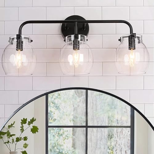 Image of KSANA Black Bathroom Light Fixtures, 3 Light Matte Black Vanity Lights for Bathroom with Seeded Glass Globe, 22 inch Modern Farmhouse Bathroom Lights Over Mirror