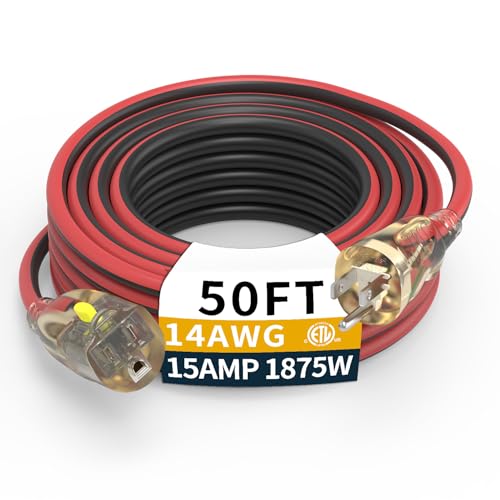 50FT Medium Duty Outdoor Extension Cords 14/3 Gauge Electrical Wire Cable 15 Amp Waterproof LED Lighted Locking Plug for Indoor and Outside Use Power Cord ETL Certified