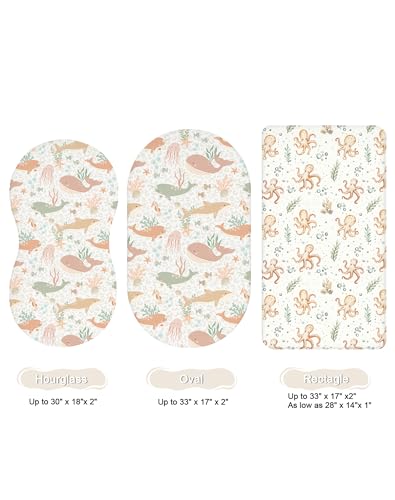 Image of Bassinet Sheets for Baby Girls Boys 2 Pack, Fitted Baby Mattress Sheet for Rectangle, Oval, Hourglass Bassinet Mattress, Breathable Cozy & Universal Fit (Aqua Wonders, Bassinet Sheet)