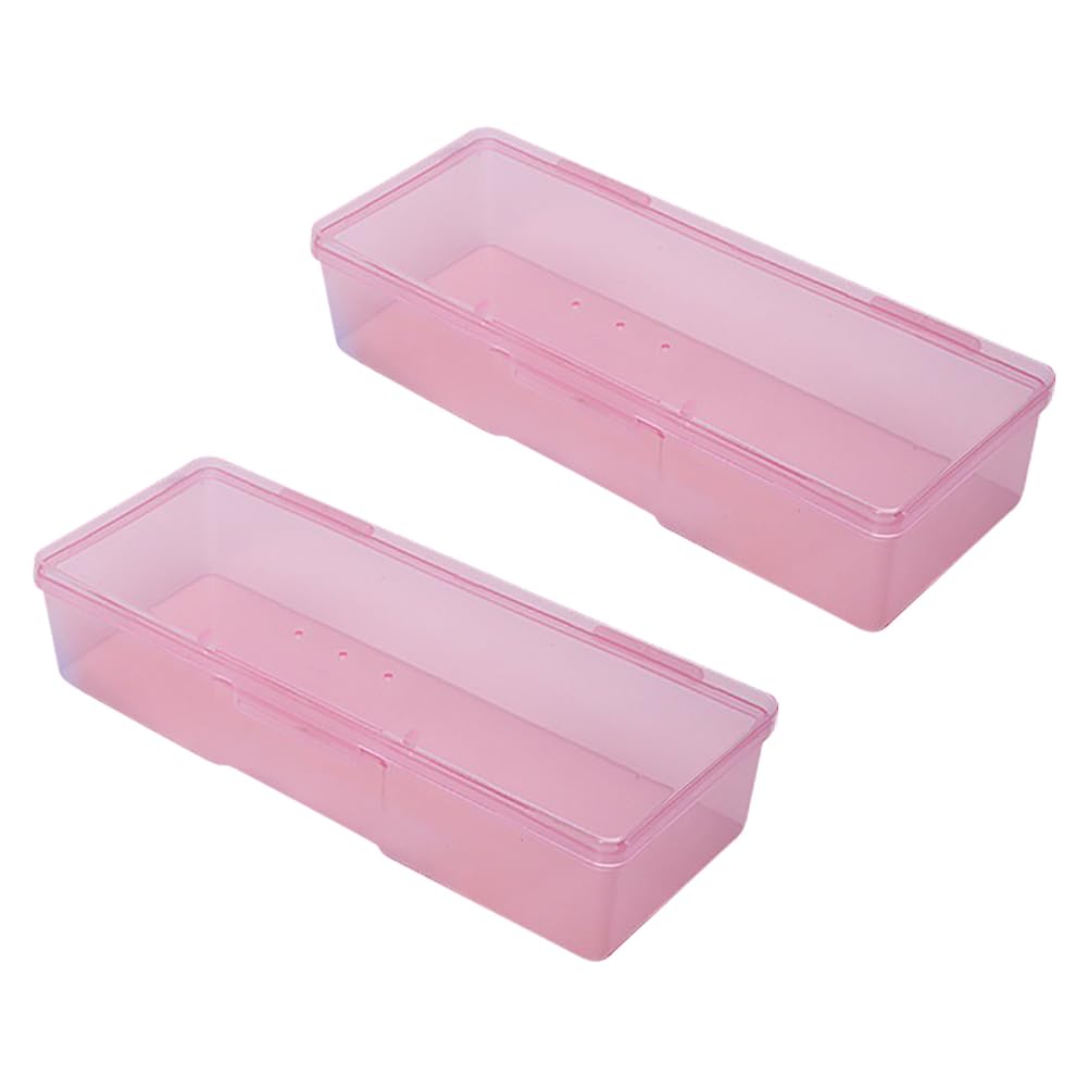 GSHLLO 2 Pcs Clear Nail Art Storage Box Manicure Tool Organizer Case Small Plastic Pedicure Box Rectangle Stackable Containers Nail Implement Supplies Cases Makeup Display Cases with Hinged Lids Pink-image-3