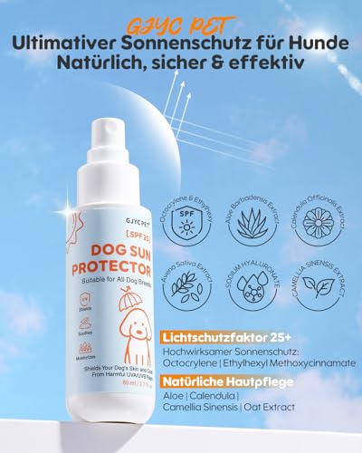 GJYC PET Sonnenschutz Hund - 3-in-1 Sonnenschutzspray SPF 25│ Schützt, Beruhigt & Pflegt │ Schnelltrocknend, Wasserfest & Transparent │ Outdoor-Essential für Hunde