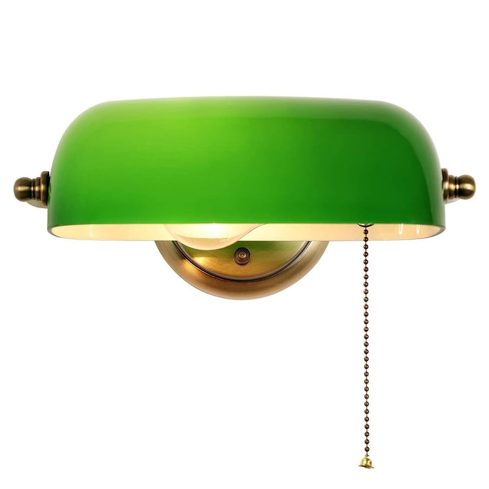 Zielona kinkiet bankier z przełącznikiem, klasyczna lampa bankierska, styl retro, tradycyjny, zielony, regulowany szklany klosz, lampka nocna do sypialni, korytarza, biblioteki