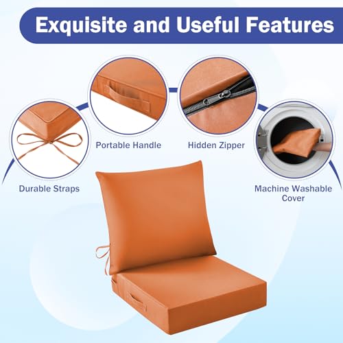 Image of IASEAHK Outdoor Seat Cushion Set, Waterproof & Fade Resistant Patio Chair Cushions, Outdoors Cushion for Patio Furniture, 24 x 24 x 4 Inch, Outdoor Couch Cushions with Handle and Ties, Spice