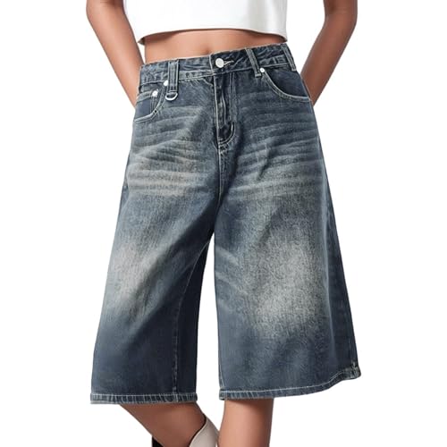 Bermuda Shorts Damen Jeans Vintage Blau Denim Shorts Baggy Y2K Streetwear Boyfriend Gewaschene Weite Bein Kurze Hose Sommer Knielang Jeanshose Casual Harajuku Hotpants Mädchen Hohe Taille Jeansshorts