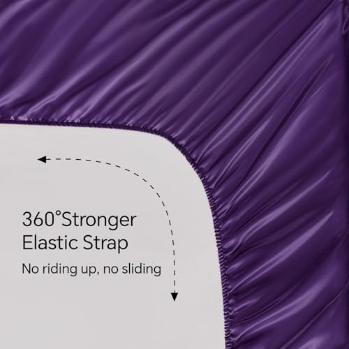 BEDELITE Satin Fitted Sheet and Pillowcases Set, Luxury Soft Similar to Silk Bottom Bedsheet with Elastic Corner Straps, Deep Pocket up to 15 Inch, 1 Fitted Sheet and 2 Pillowcases(Queen, Plum Purple)