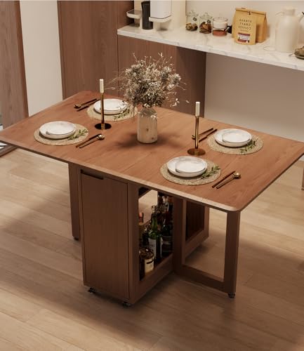 Image of AnywaysWood 1 Solid Wood Folding Dining Table, Space Saving Extendable Solid Wood Drop Leaf Table for Kitchen Dining Living Room Small Spaces(55inch 1 Wooden Foldable Table) Easy Assembly