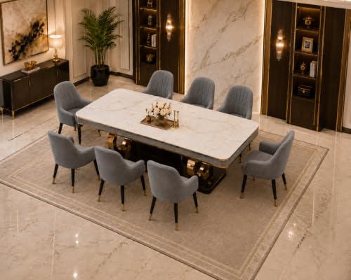 Image of 8-Seater Dining Table with Nano Composite Marble Top and PVC Golden Wooden Base |2yr Warranty - Includes 8 Fabric Upholstered Chairs