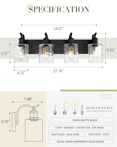 Image of Bathroom Vanity Light Fixtures 4-Light Hammered Glass Modern Wall Mounted Over Mirror Black - VL01BKH-4