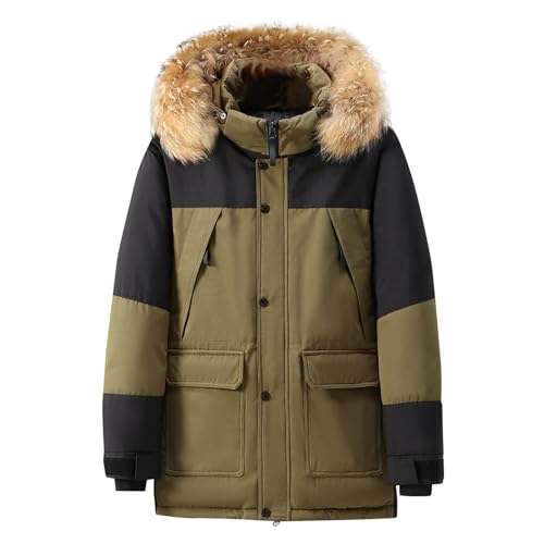 Mens Mid-Length Puffer Jacket Winter Coat with Faux Fur Trim Hooded Waterproof Windproof Padded Down Parka Coats