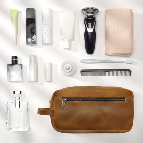 Ringsun Genuine Leather Toiletry Bag, Hanging Makeup Bag with Large Capacity for Women Men, Handcrafted Vintage Travel Toiletry Bag for Accessories, Shampoo, Full-size Container, Toiletries2