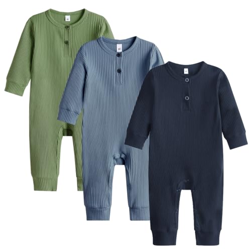 Image of Bafeicao Baby Boy Girl 2/3 Pack Solid Romper Ribbed Short/Long Sleeve Bodysuit Jumpsuit Infant Knitted Outfits Clothes