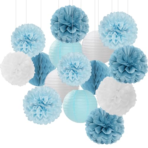 Image of Dusty-Blue White Party-Decorations Paper-Flowers Lanterns - 15pcs Birthday Baby Bridal Shower Tissue Pom Poms Streamers Honeycomb, Boy Men Wedding Bachelorette Hanging Supplies Decor Hugfond