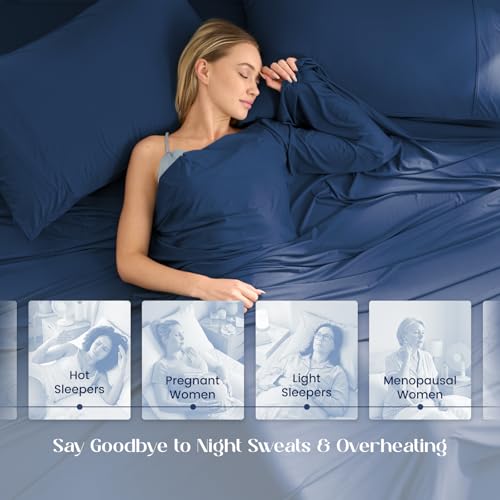 Image of Dream Valley Cooling Sheets Twin Size, Cooling Fitted Breathable Bed Sheets & Flat Sheet with 1 Pillowcase-3 PCS for Night Sweats & Hot Sleepers, Q-Max >0.45 Aerocool, Deep Pocket 16 inch,Navy Peony