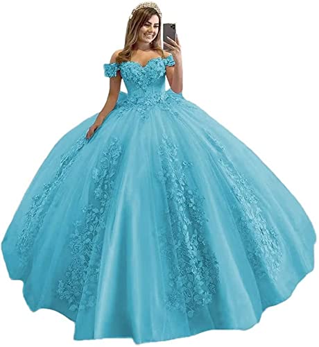 MuXiuFC Off Shoulder Quinceanera Dresses Long Ball Gowns 3D Flower Puffy Lace Tulle Prom Dresses
