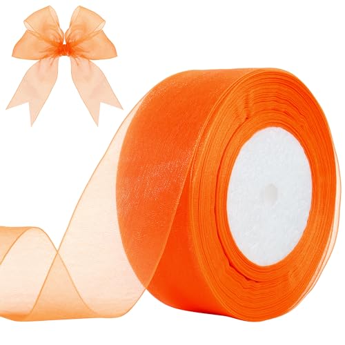 Partyeah 1-1/2 Inch x 50 Yards Sheer Organza Ribbon Chiffon Ribbon for Gift Wedding Flower Bouquet Wrapping Decorations Crafts (Orange)