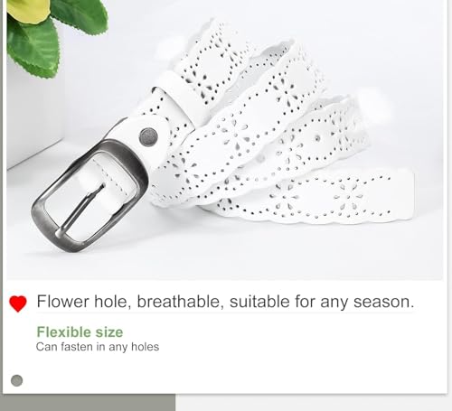 Women Genuine Leather Flower Leather Belt for Jeans Pants, Soft Leather with Solid Pin Buckle2