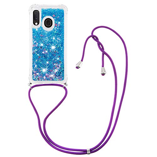 Custodia con Collana per Samsung Galaxy A20e Brillantini Liquido Sabbie Mobili Bumper TPU Case con Cordino Cinturino Lanyard Cover per A20e. LP Love Blue