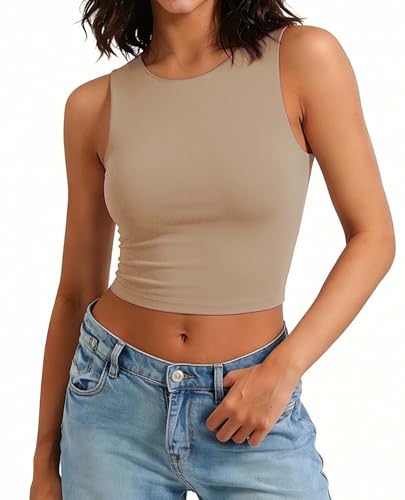 Avidlove Crop Tops for Women High Neck Basic Tank Sexy Double Lined Seamless Crop Going Out Summer Tops Khaki