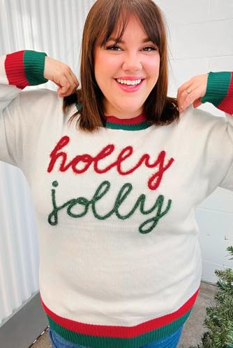Women's Plus Size White Tinsel Holly Jolly Colorblock Edge Drop Shoulder Sweater4