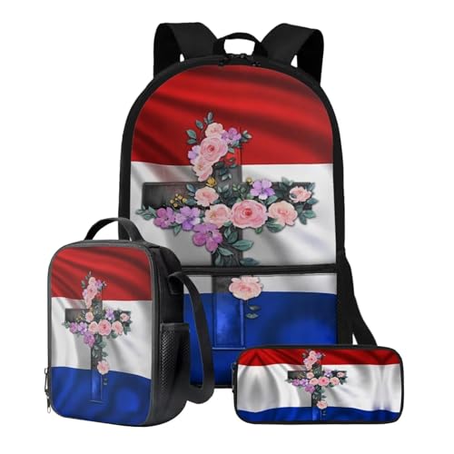 Set di 3 borse per libri + portapranzo + astuccio per matite per studenti 43.2 cm grande zaino per la scuola set per ragazzi e ragazze per il rientro a Paesi Bassi Bandiera Croce