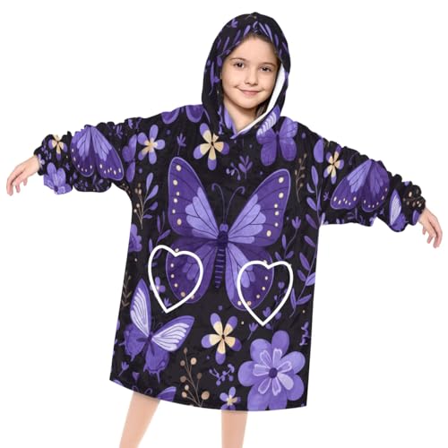 Wearable Blanket Hoodie for Kids, Docile butterfly Fleece Sweatshirt Blanket Oversized Blanket Sweatshirt with Pocket Flannel Warm Hooded Blanket 6-10 Year Old Girl Boy Gift, One Size