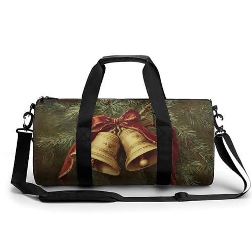 Vintage Two Golden Bells Red Ribbon Travel Gym Bag for Women Men Cylindrical Duffle Bag Sport Workout Bag with Shoulder Strap