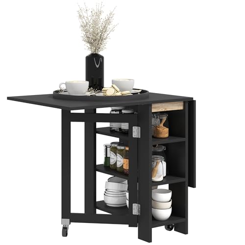 HOMCOM Mesa Plegable de Comedor, Mesa de Cocina Plegable, con Ruedas, Alas Abatibles, Estantes, hasta 4 Personas, para Salón, Espacio Pequeño, 120x60x75 cm, Negro