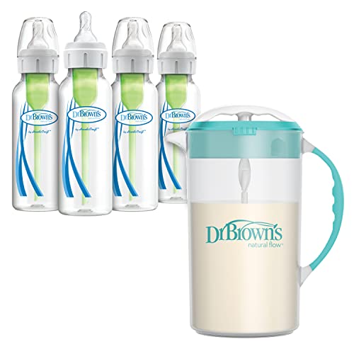 Image of Dr. Brown's Baby Formula Mixing Pitcher 32oz, Teal with Anti-Colic Options+ Narrow Baby Bottles, 4 Pack, 8 oz