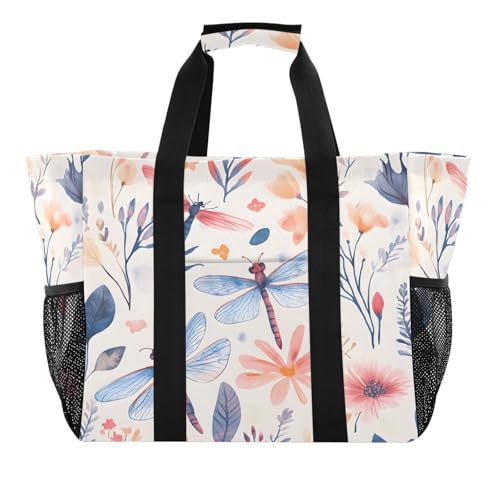 Large Waterproof Travel Tote Bag for Women Men, Wildflowers Dragonfly Leaves Canvas Beach Bag with Lining & Pockets - Reusable Grocery/Laundry/Kitchen/Pool/Picnic Tote (15.4x9.8x12.8in)