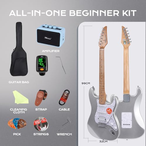Image of Electric Guitar Kit -39in Solid Body Starter Guitar Kit with Metallic finish, Guitar Case, Amplifier Gig Bag, Strings, Strap, Cable, Picks M100S (Silver)
