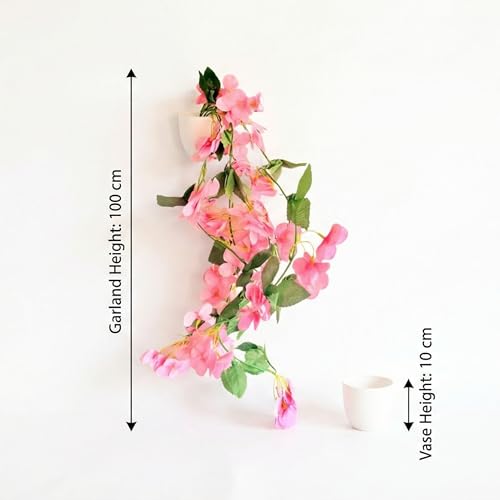 Image of Dekorly Artificial Hanging Garland with Pot - 100cm Vine, 10cm Decorative Pot for Table, Shelf & Wall Decor (4, Pink)