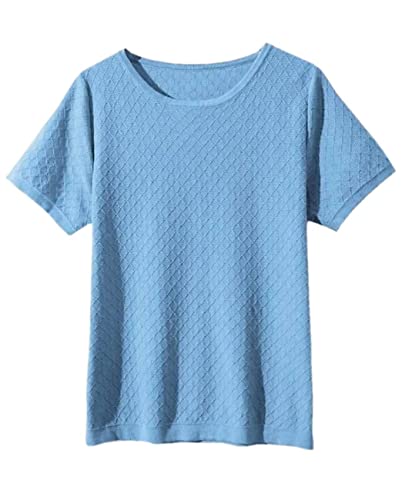Image of Womens Short Sleeve Sweaters Tops Summer Thin Pullover Cotton Knit Shirt Crew Neck Lightweight Pointelle Blouse