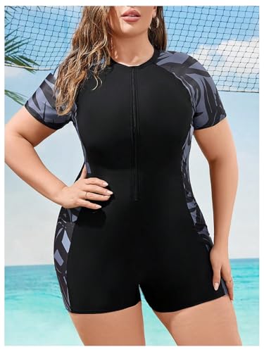 Floerns Women's Plus Size One Piece Swimsuits Sleeves Zipper Surfing Rash Guard Bathing Suit4