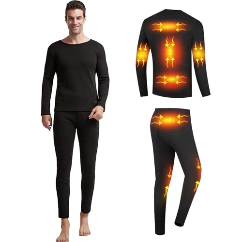TOVCHEI 8-Zone Heated Thermal Underwear Set, Winters Electric Heating Shirt & Pants for Men Women, Outdoor Cycling Camping,Men Black,XL