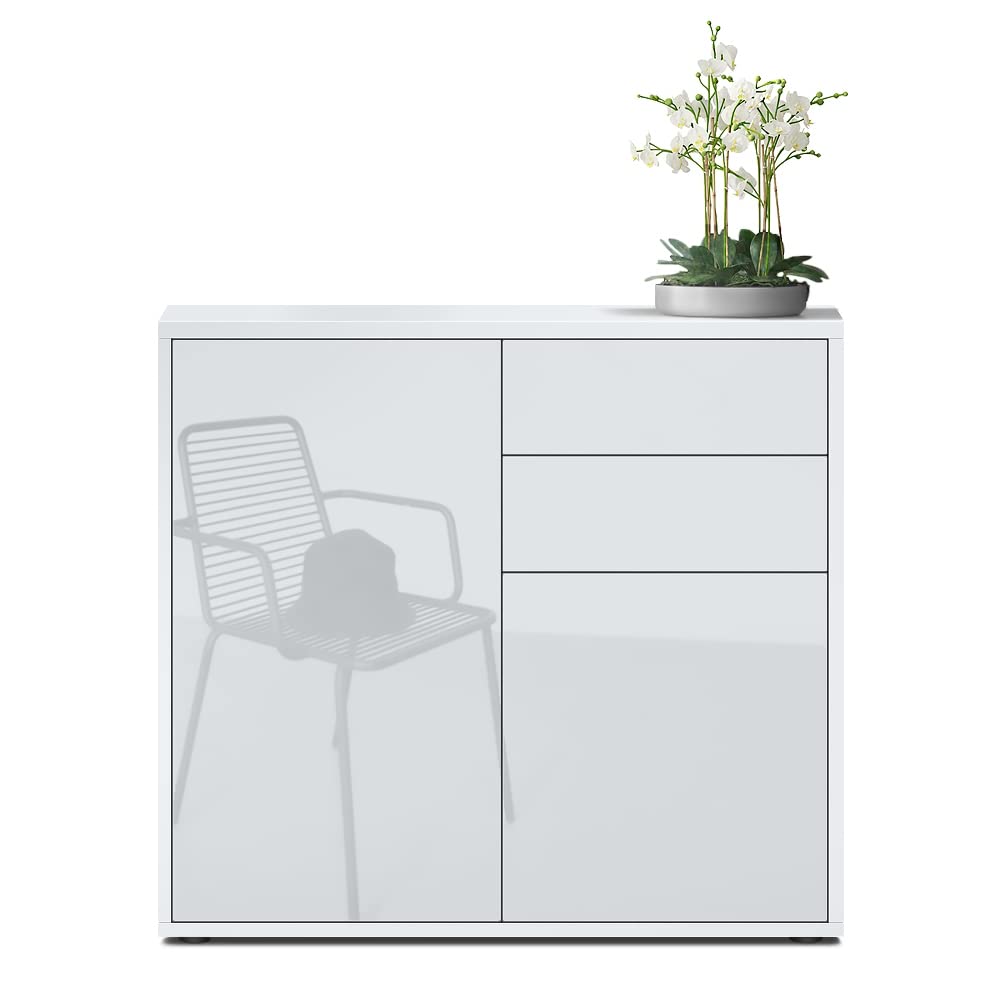 Vladon Sideboard Ben, Made in Germany, Kommode mit 2 Türen und 2 Schubladen, Weiß matt/Weiß Hochglanz (79 x 74 x 36 cm)