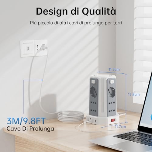Multipresa Verticale Universale con 12 Prese e 4 Porte USB - Soluzione Pratica e Sicura per le Tue Esigenze di Alimentazione e Ricarica - immagine 4