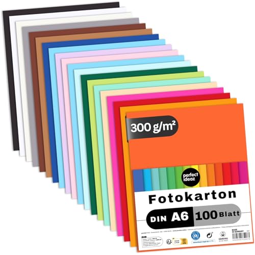 perfect ideaz – 100 Blatt Fotokarton DIN A6, 300 g/m², 20 Farben, extra...