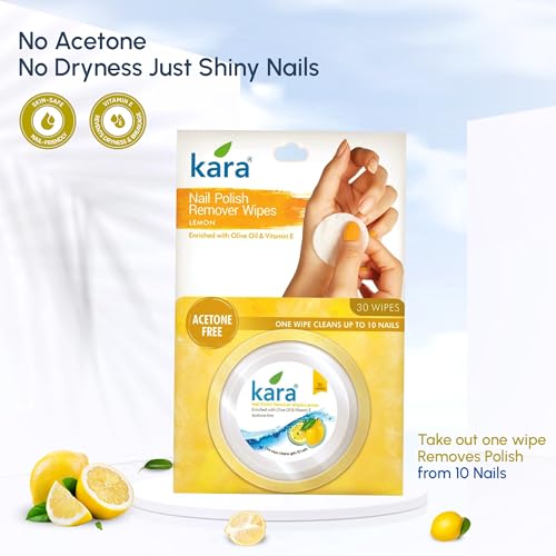 Image of Kara Nail Polish Remover Wipes Lemon - 30 Pulls (Pack of 6)| Travel-Friendly | Enriched with Olive Oil & Vitamin E | Acetone Free | One Wipe Cleans 10 Nails