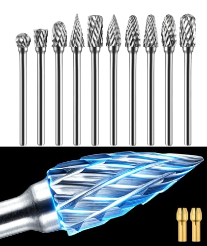 Sworker 10 Pcs Carbide Burr Set 1/8 Shank w/ 2 Collets Compatible with Dremel Bits Rotary Tools Attachment Kit Rasp Drill File Accessories Metal Wood Stone Steel Grinding Carving Cutting Polishing