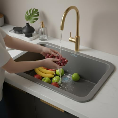 Image of ARQUIN Quartz Sink 24x18x9 Inch Grey Round Corner | Single Bowl Sink | Durable & Scratch-Resistant | Undermount /Topmount Including Coupling, Waste Pipe & Fruit Washing Basket