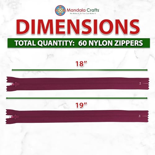 Image of Mandala Crafts 60 PCs Maroon Closed-End 18 Inches Nylon Zippers for Sewing