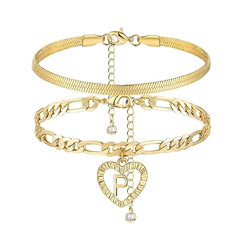Image of YANODA Gold Ankle Bracelets for Women Waterproof, 14k Gold Plated Layered Snake Anklets Figaro Chain Letter Initial Anklets Handmade Heart Ankle Bracelets Personalized for Women Beach Jewelry Gifts