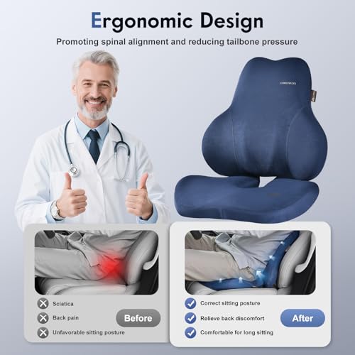 Image of Coverado Memory Foam Car Seat Cushion and Lumbar Support Pillow for Car, Ergonomic Office Chair Cushion for Lower Back Pain Relief, Breathable & Non-Slip for Car, Home, and Office Use, Blue