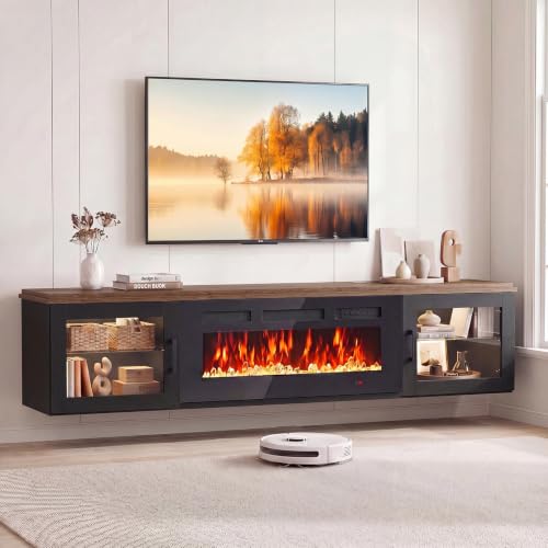 Image of 70 inch Floating TV Stand with Fireplace, High Gloss Finish Wall Mounted Fireplace Entertainment Center with Storage for TVs Up to 80 inch, Black & Brown