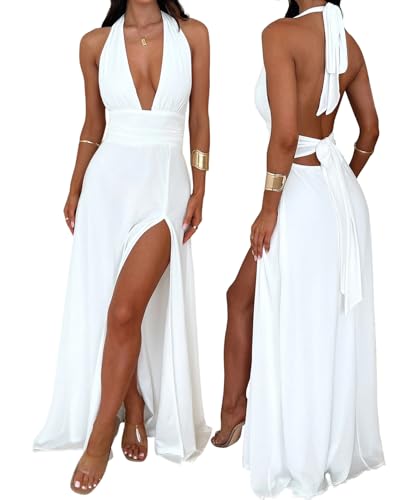 XinFSh Women's Halter V Neck Wedding Guest Maxi Dress Sexy High Slit Bow Tie Beach Vacation Long Formal Dresses