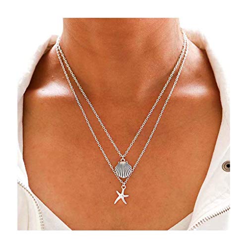 Yalice Layered Starfish Necklace Chain Boho Shell Necklaces Beach Jewelry for Women and Girls (Silver)